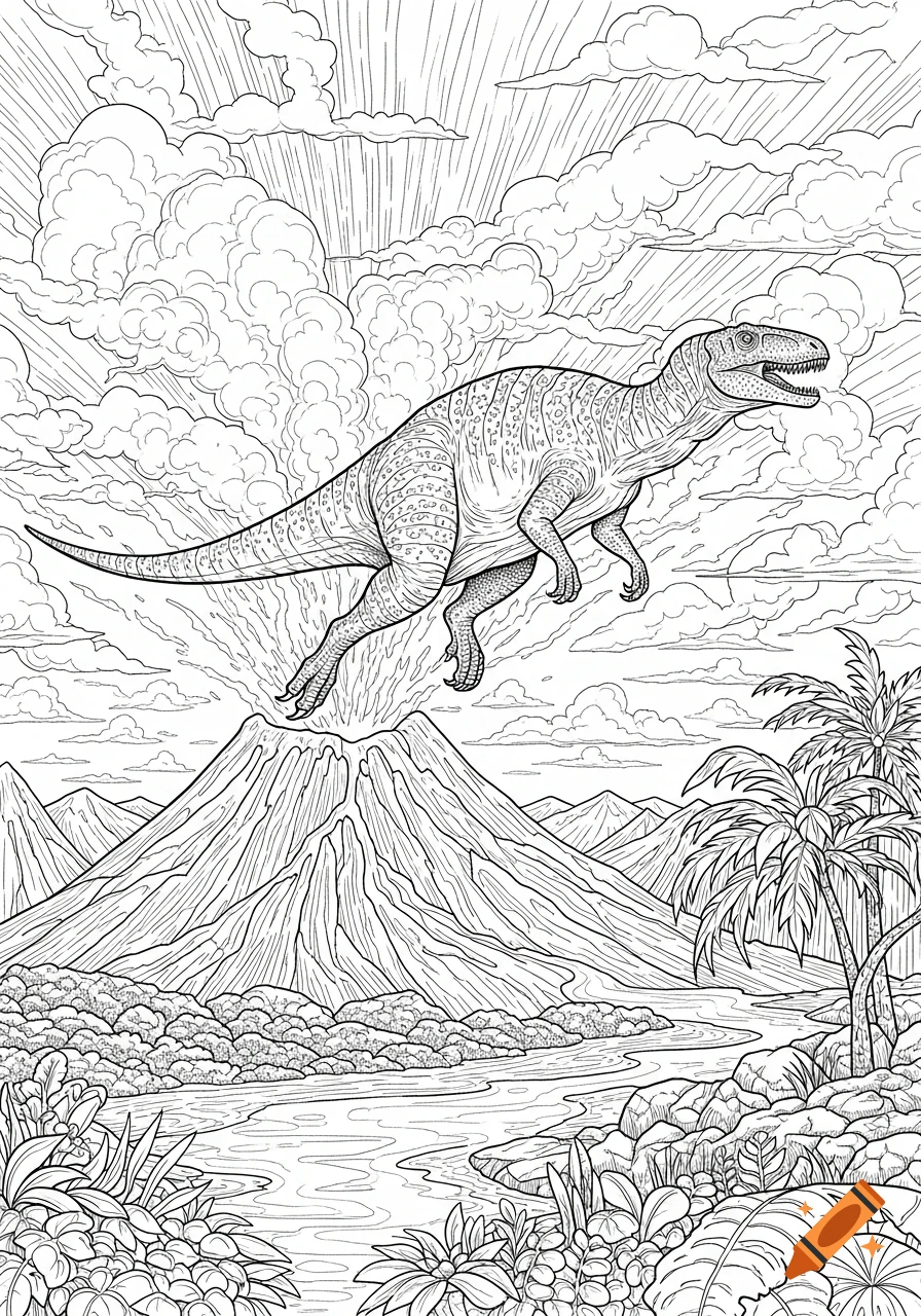 Line art of a dinosaur jumping over an erupting volcano, surrounded by mountains, a river, and tropical plants, in coloring page style.
