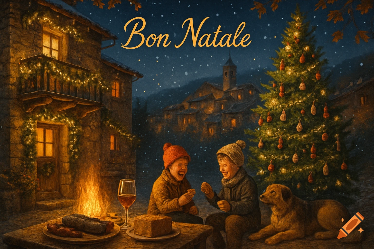 Painterly Christmas village scene with children, a dog, festive lights, a Christmas tree, and 'Bon Natale' text.