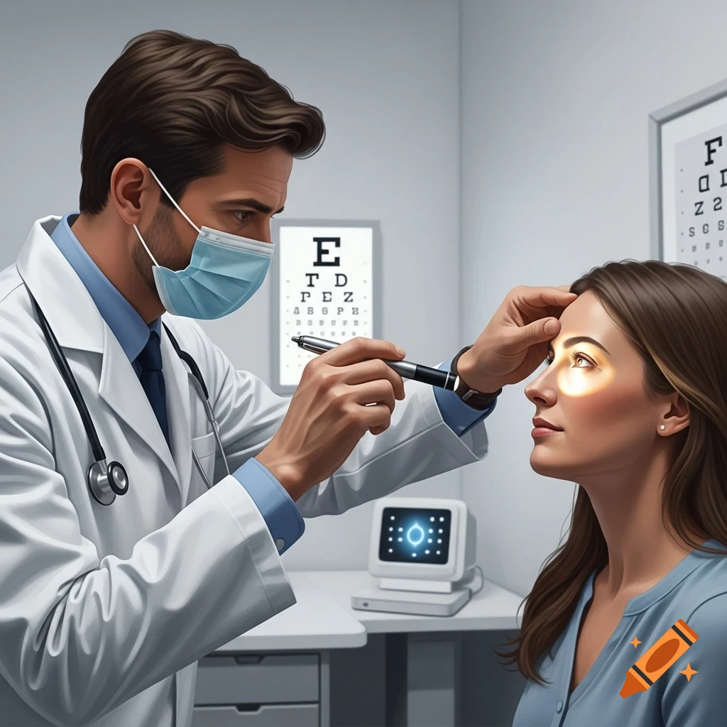 A doctor in a mask and lab coat examines a patient's eye with a penlight in a medical office, with eye charts on the wall.
