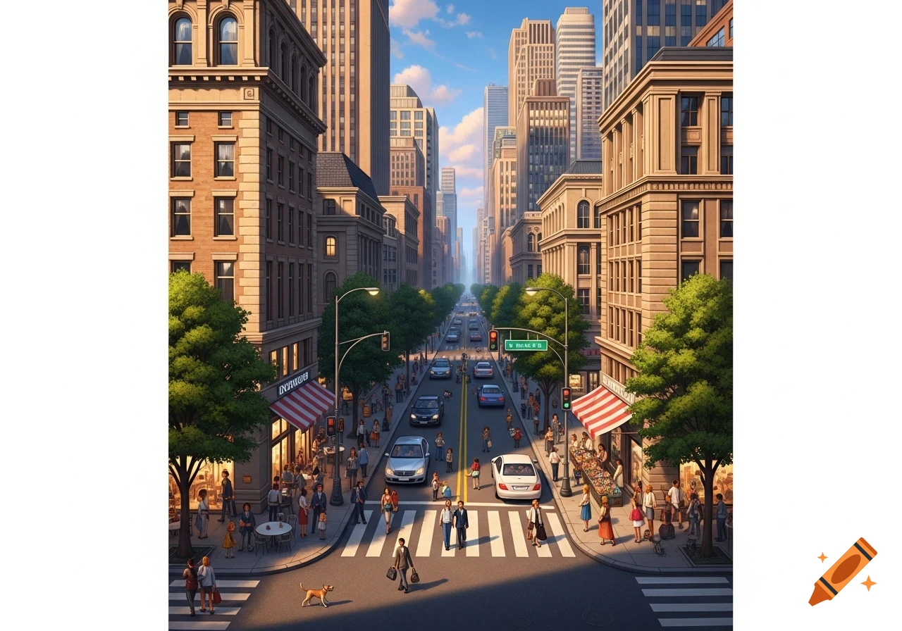A vibrant, detailed illustration of a busy city street lined with tall ...