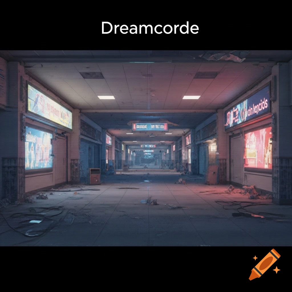 An abandoned, neon-lit hallway with scanline effects, evoking a liminal and eerie dreamcore aesthetic.