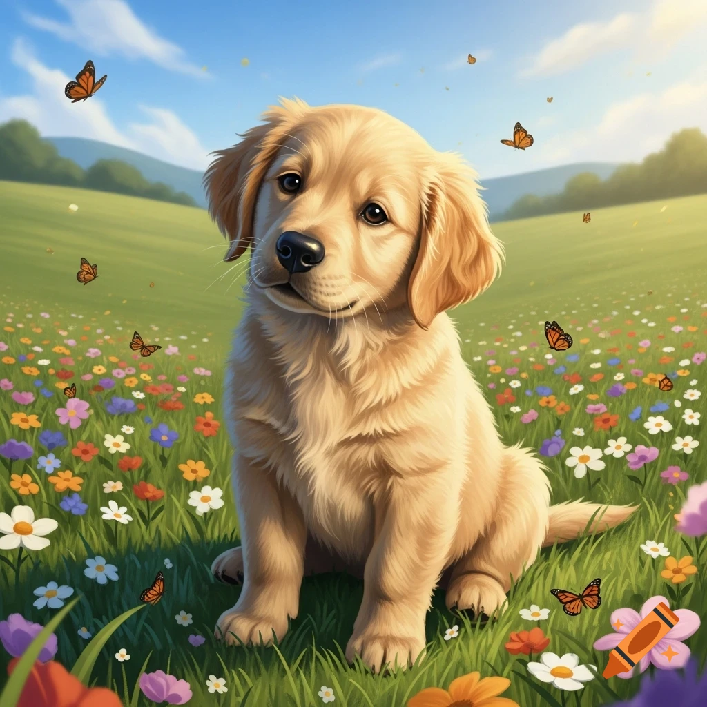A cute golden retriever puppy sits in a vibrant field of wildflowers with butterflies flying around under a blue sky, digital art.