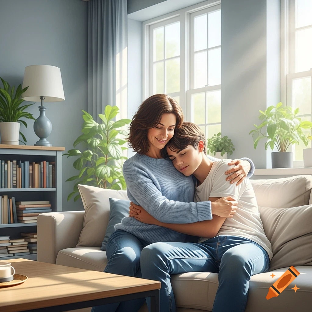 A mother and her teenage son cuddle on a sofa in a brightly lit living room with plants and a bookshelf.