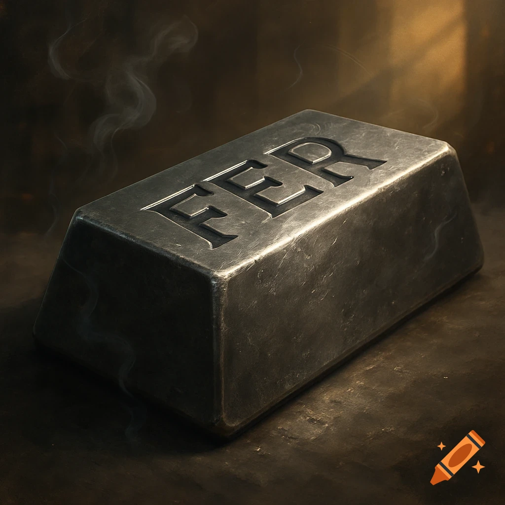 Photorealistic image of a dark metal ingot with 'FER' inscribed on its surface, with wisps of smoke rising.
