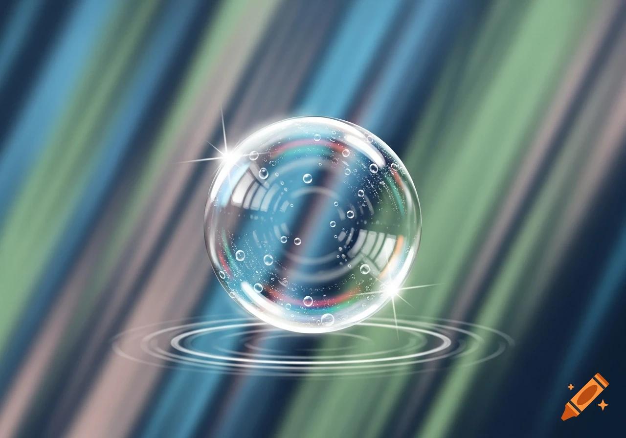 A clear water bubble with internal bubbles and reflections, hovering over water ripples against a striped blue and green background.