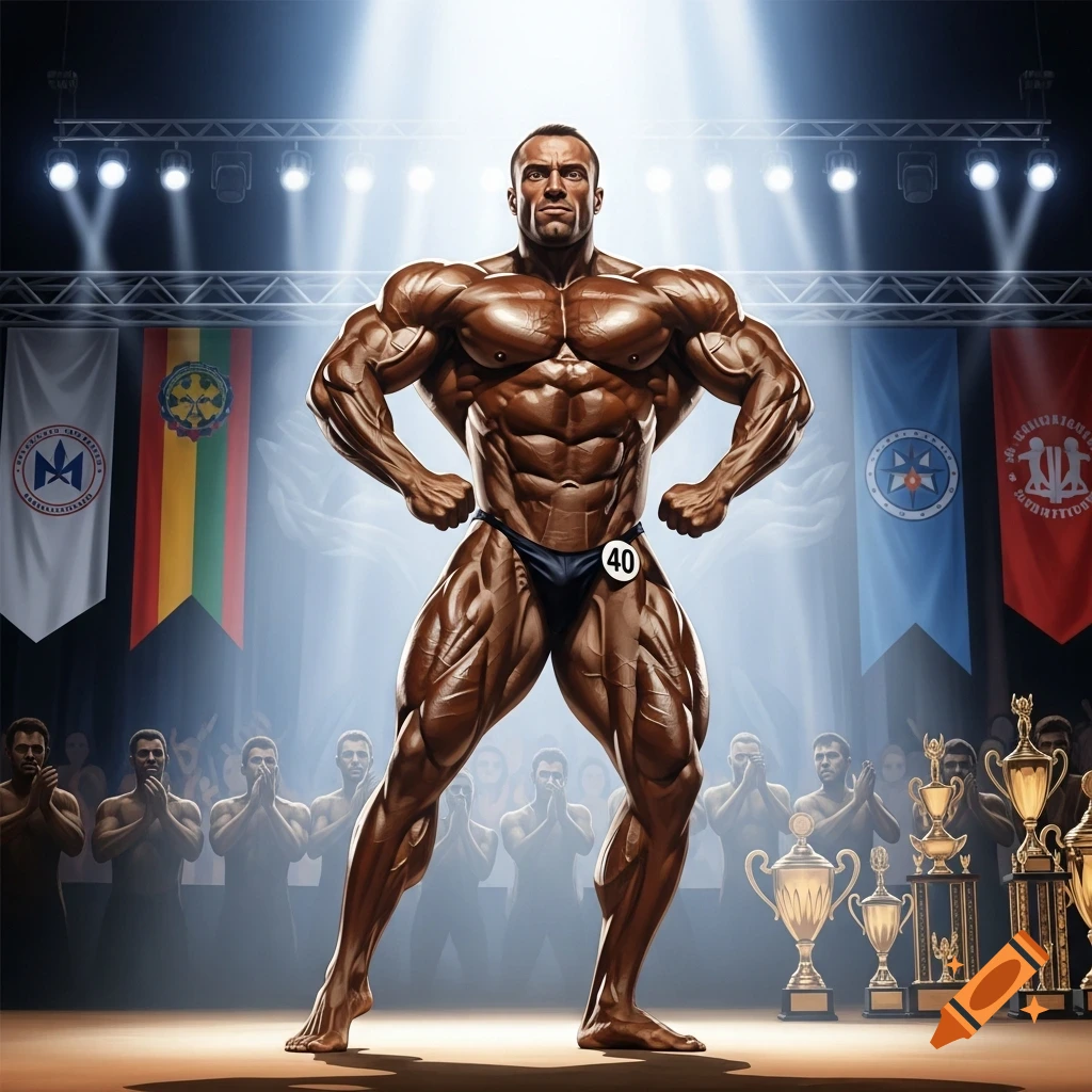 A highly muscular bodybuilder in posing trunks with the number 40 stands on a stage under spotlights, with a blurred crowd and trophies in the background, and banners with illegible text.