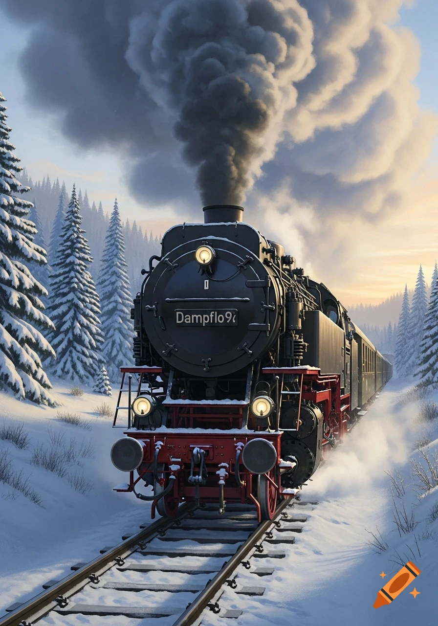 A black and red steam locomotive moves through a snow-covered forest at sunset, emitting a large plume of smoke.