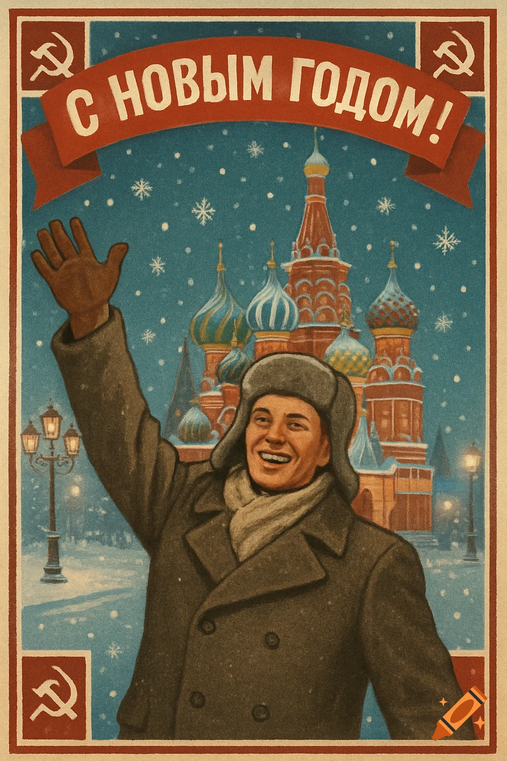 A man in a winter coat waves in a snowy scene with St. Basil's Cathedral in the background, a banner reads "Happy New Year!"