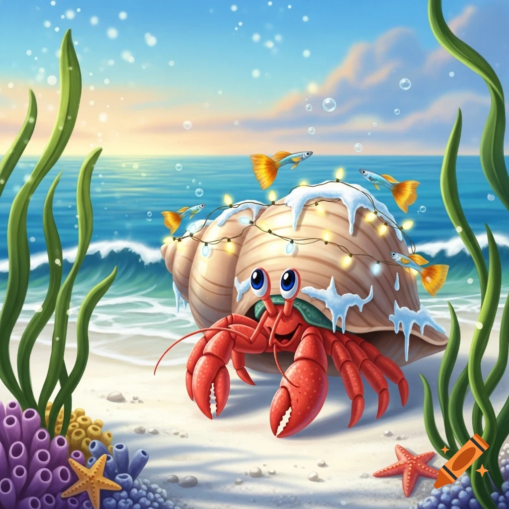 A friendly cartoon hermit crab with Christmas lights and snow on its shell sits on a sandy beach by the ocean, with fish and seaweed.