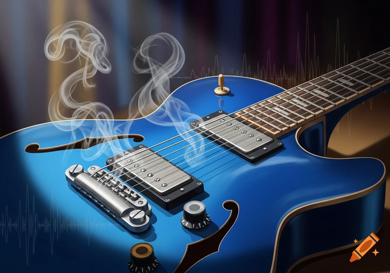 A stylized blue electric guitar with wisps of smoke rising from it, against a dark background with sound wave patterns.
