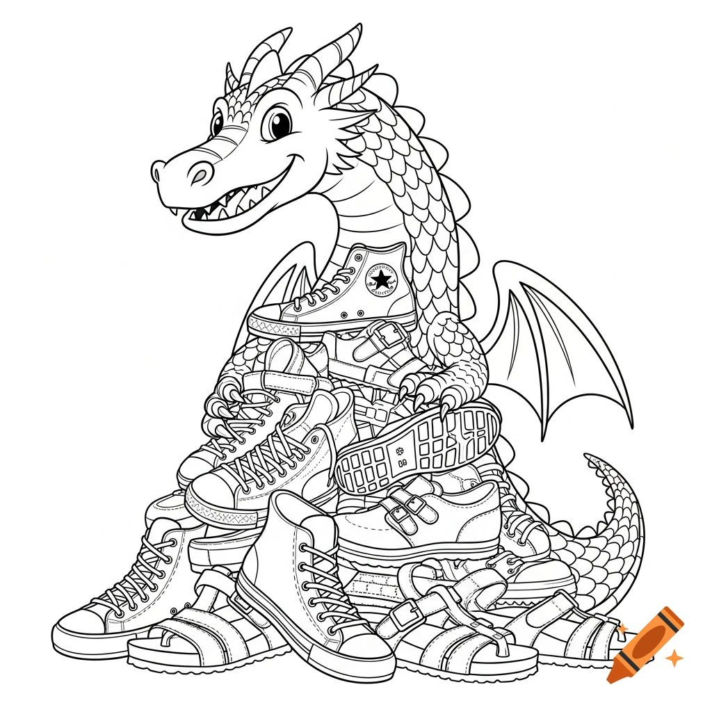 Black and white line art coloring page featuring a friendly cartoon dragon sitting on a large pile of various shoes, including sneakers and sandals.