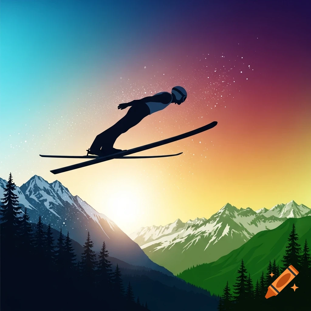 Silhouette of a ski jumper soaring over colorful mountains at sunrise, in an illustrative style.