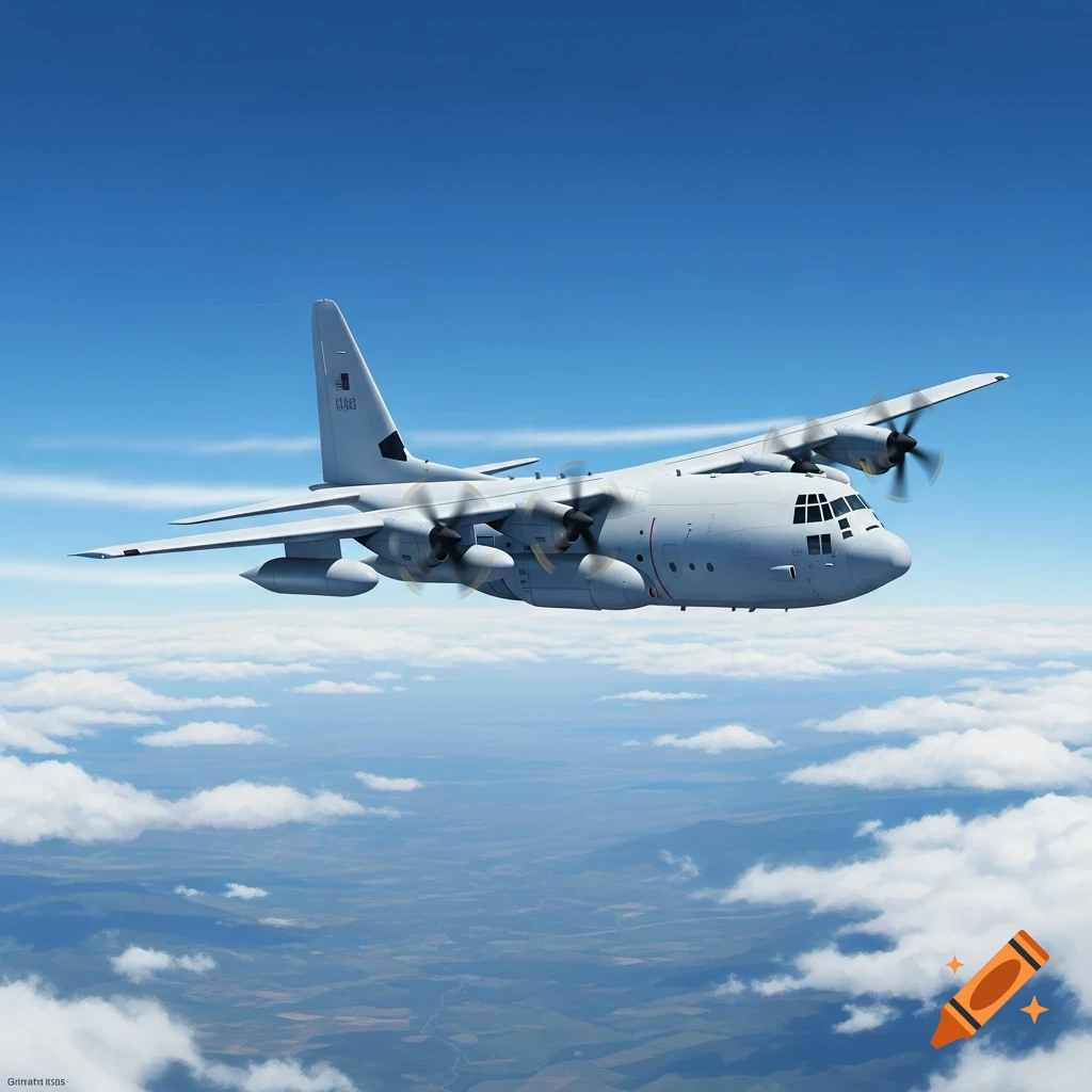 A white C-130 cargo plane with four propellers flies through a clear blue sky above scattered white clouds and a distant green landscape.