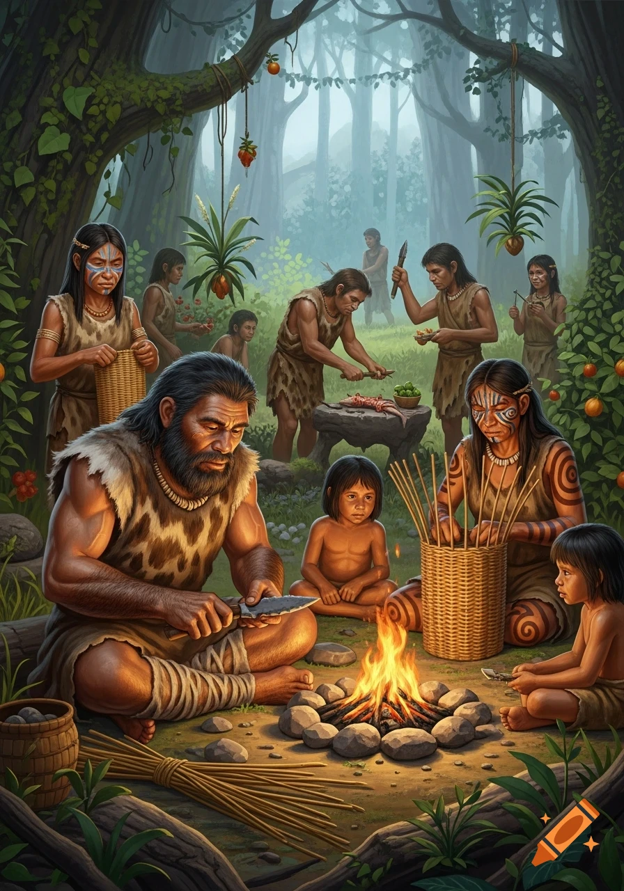 An illustrative depiction of early humans in a lush forest, featuring a man preparing food by a fire, women weaving, and others gathering in the background, showing community life.