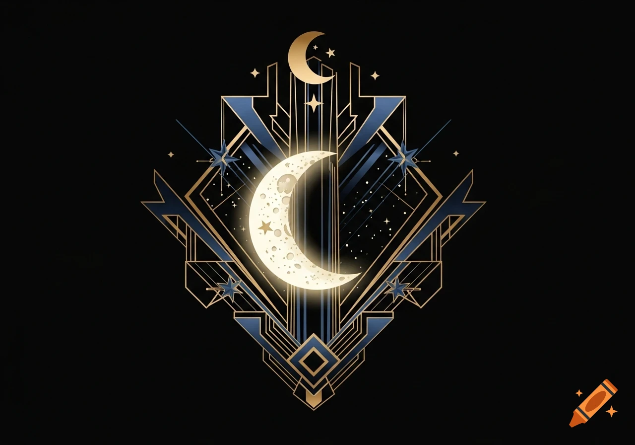 Art Deco stylized illustration of a glowing crescent moon and stars surrounded by gold and blue geometric lines on a black background.
