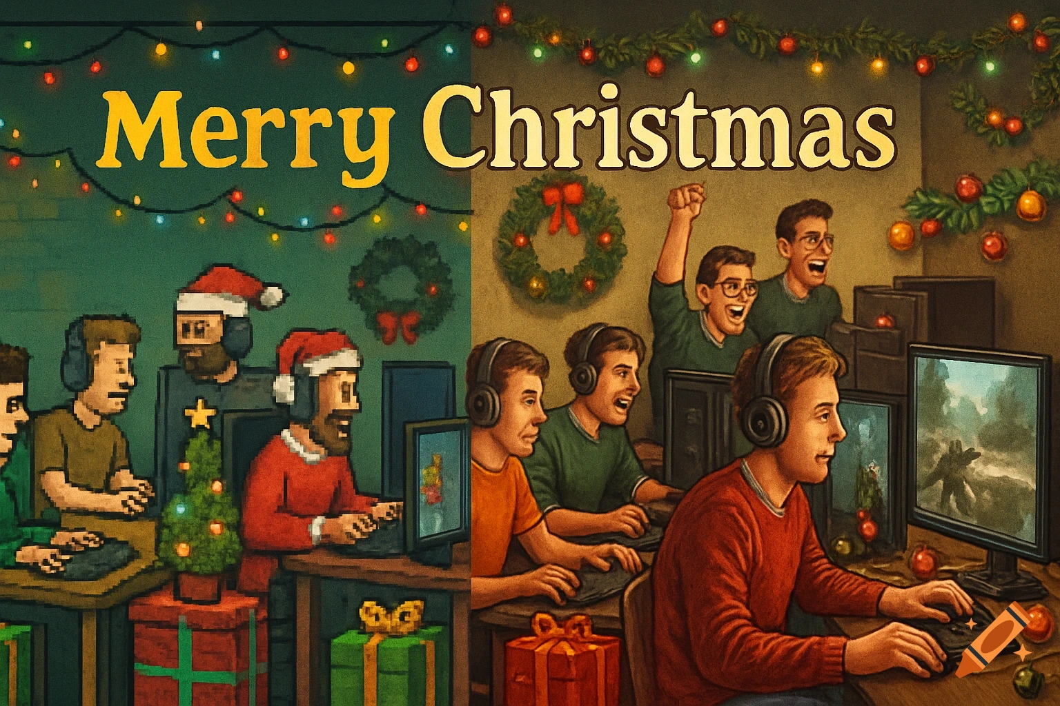 Christmas postcard with 'Merry Christmas' text, showing men playing computer games, transitioning from pixel art on the left to detailed art on the right, with festive decor.