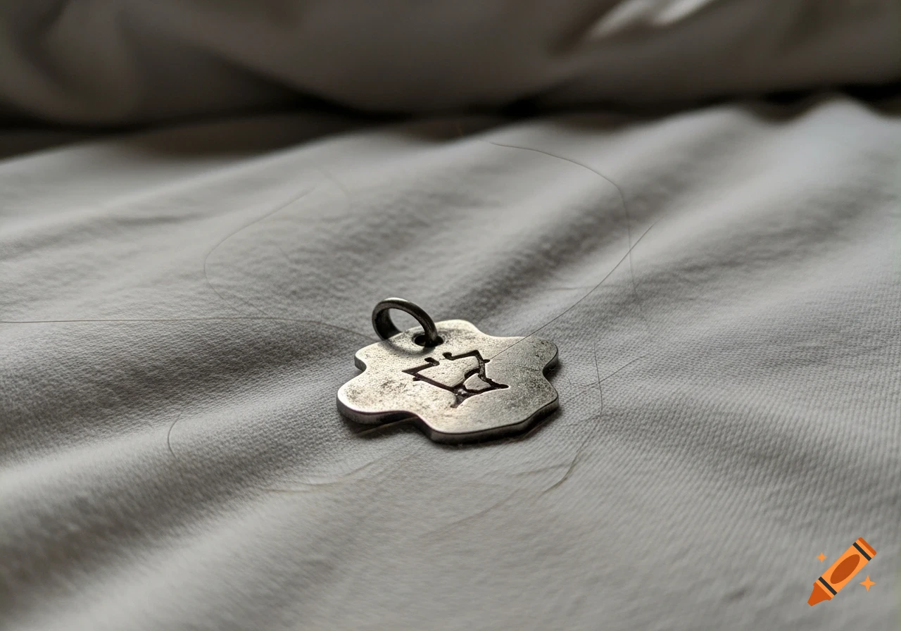 A close-up, top-down view of a worn, silver-colored pendant with an abstract symbol, resting on a rumpled light gray bed sheet with several human hairs scattered around it.