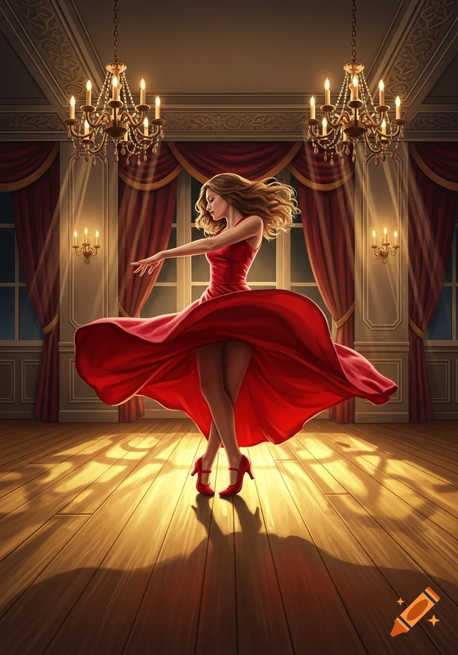 A woman in a flowing red dress and red heels dances gracefully in a warmly lit elegant ballroom.