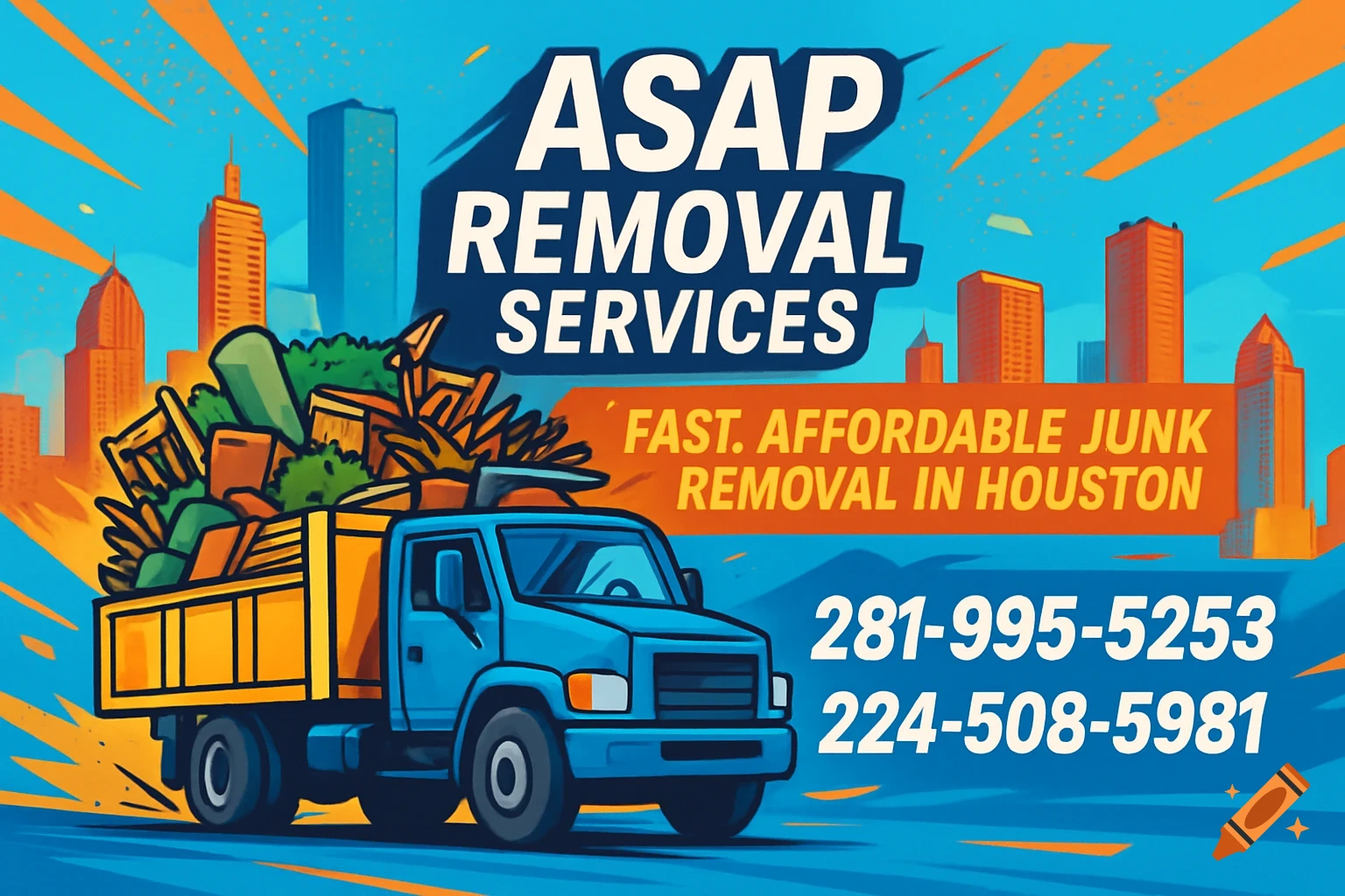Illustrated ad banner for ASAP Removal Services with a blue junk truck full of debris, city skyline, and phone numbers.