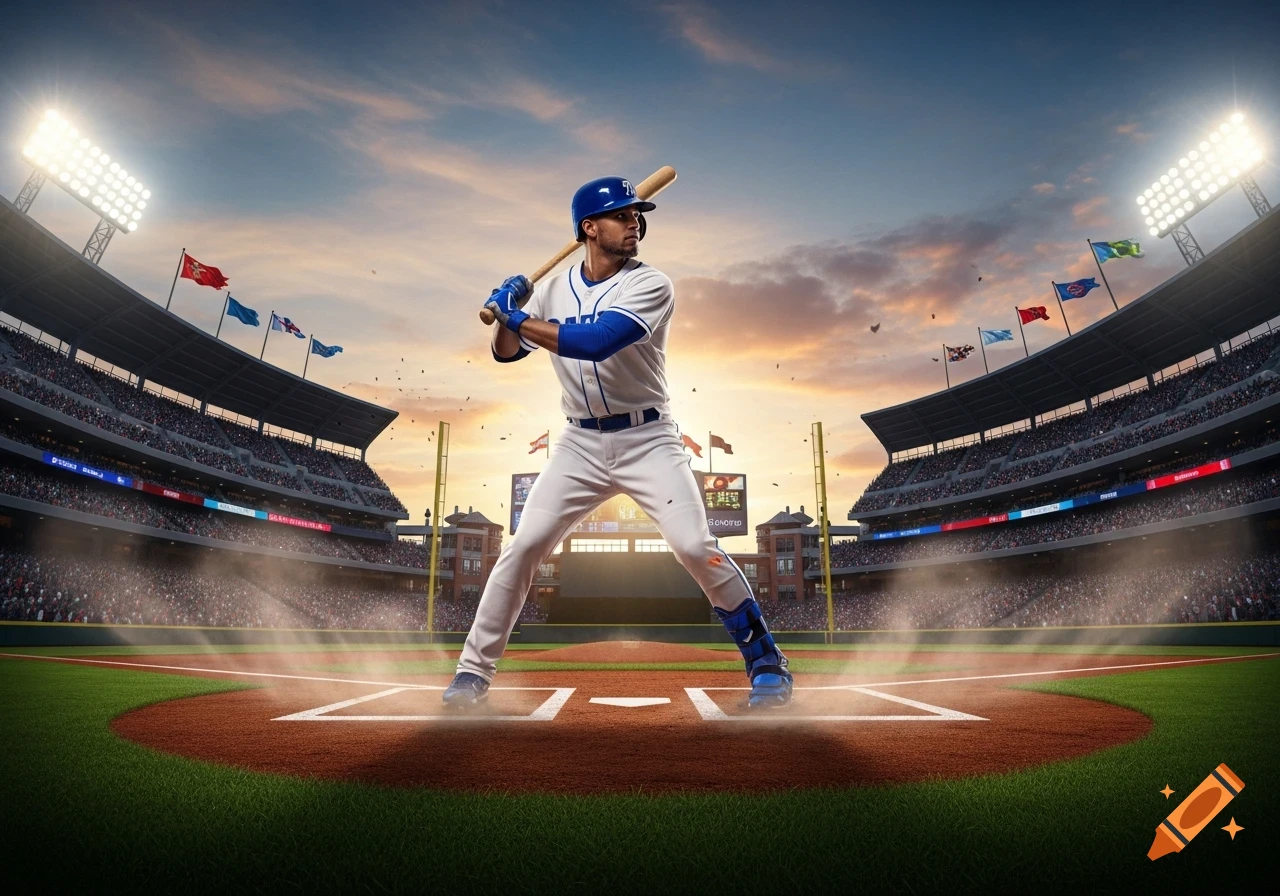 A baseball player in a white and blue uniform stands at home plate in a large stadium under a vibrant sunset sky, ready to bat.