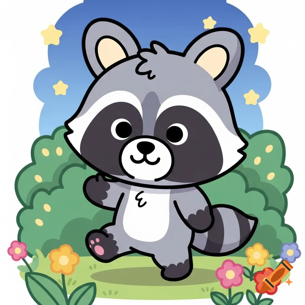 Cute cartoon raccoon walking through a field of colorful flowers under a starry sky.