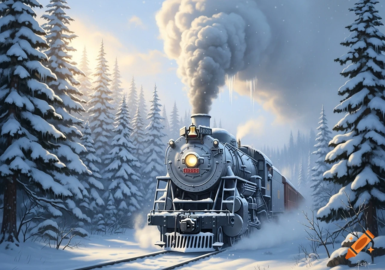 A vintage steam train, covered in snow, moves through a snow-laden evergreen forest under a bright sky, emitting thick smoke.