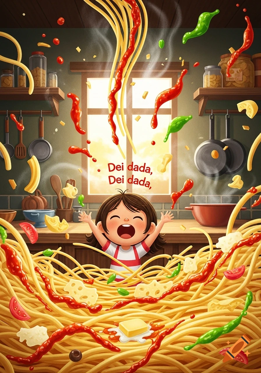 A happy child in a kitchen surrounded by an explosion of spaghetti, sauce, cheese, and vegetables. Cartoon illustration.