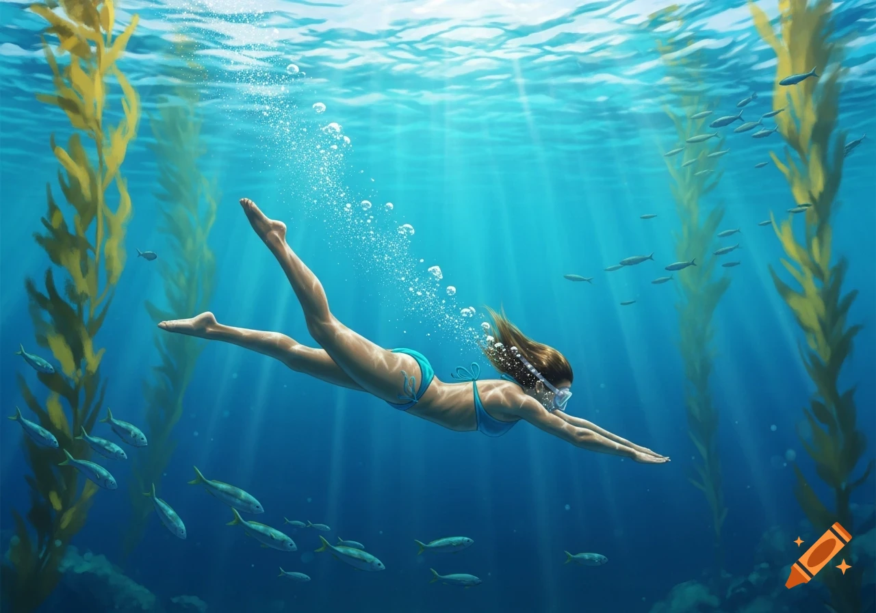 A woman in a teal bikini and snorkel mask swims underwater among kelp forests and schools of fish, with sun rays piercing the blue water.