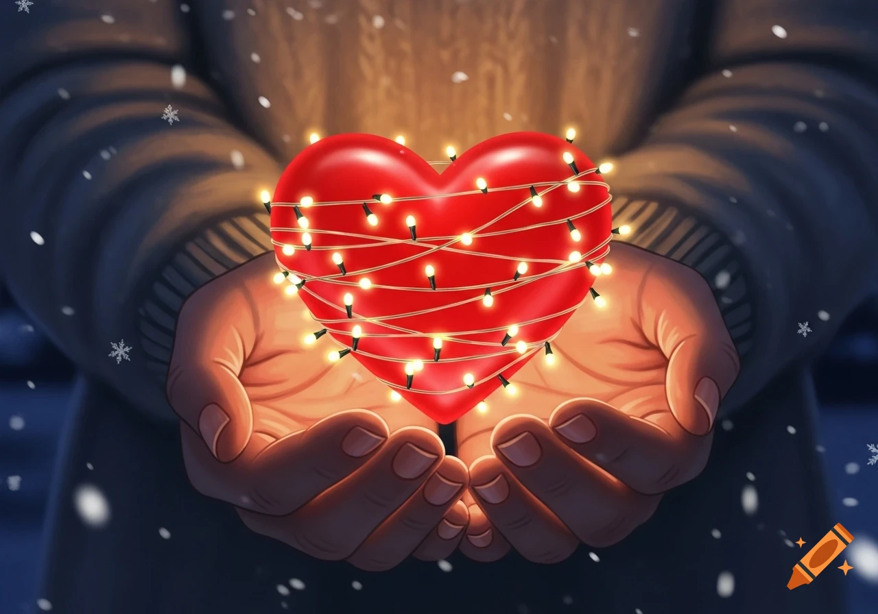 Cupped hands wearing a sweater hold a glowing red heart wrapped in Christmas lights as snow falls.