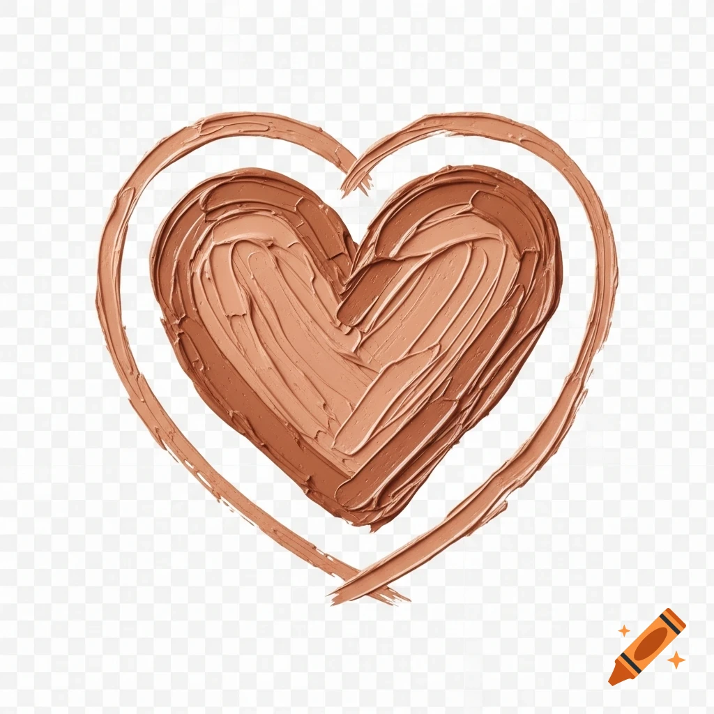 A textured heart shape made of chunky brown acrylic paint, with a thin outline of the same paint, on a transparent background.