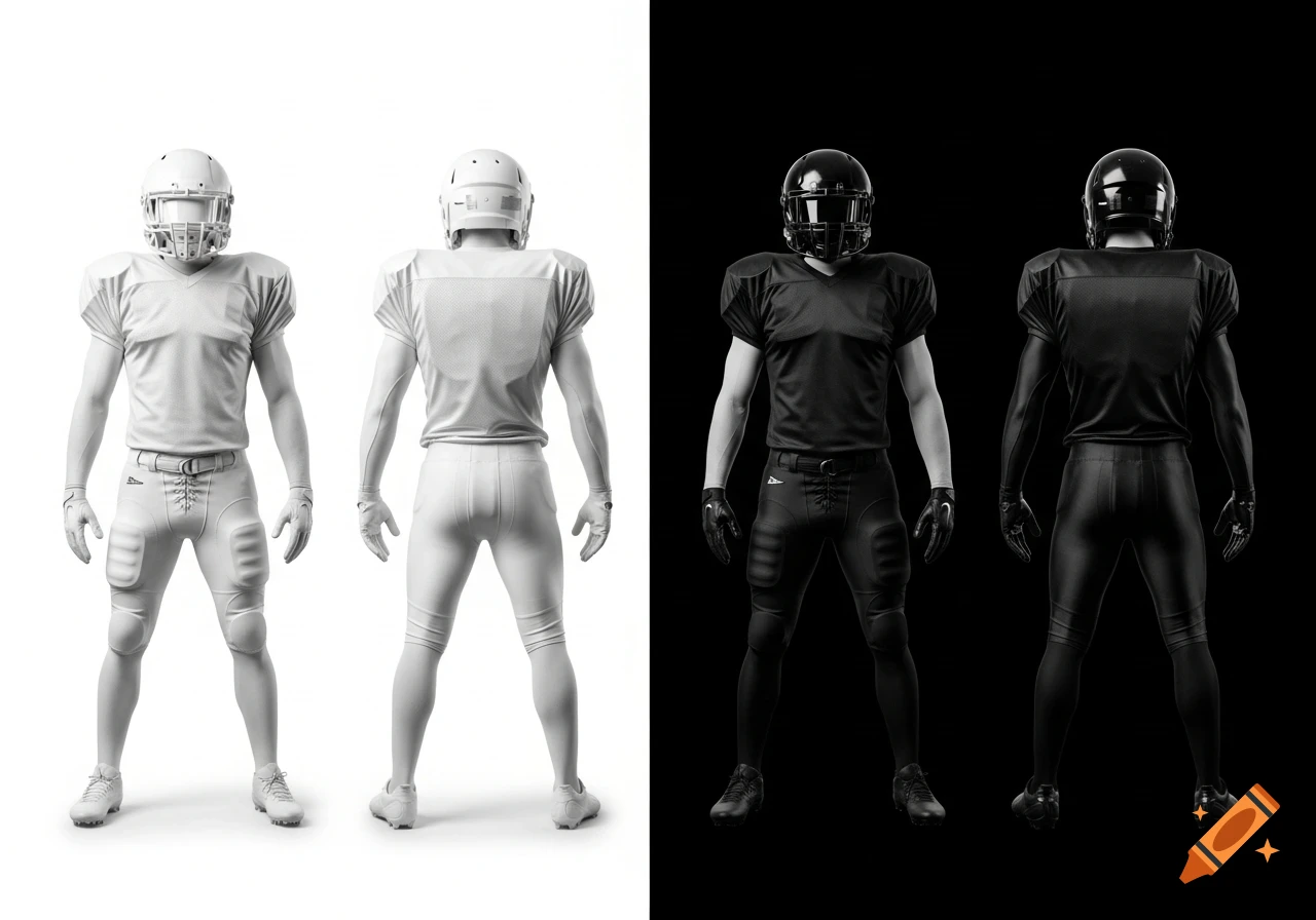 Photorealistic front and back views of American football players in white and black uniforms on split white and black backgrounds.