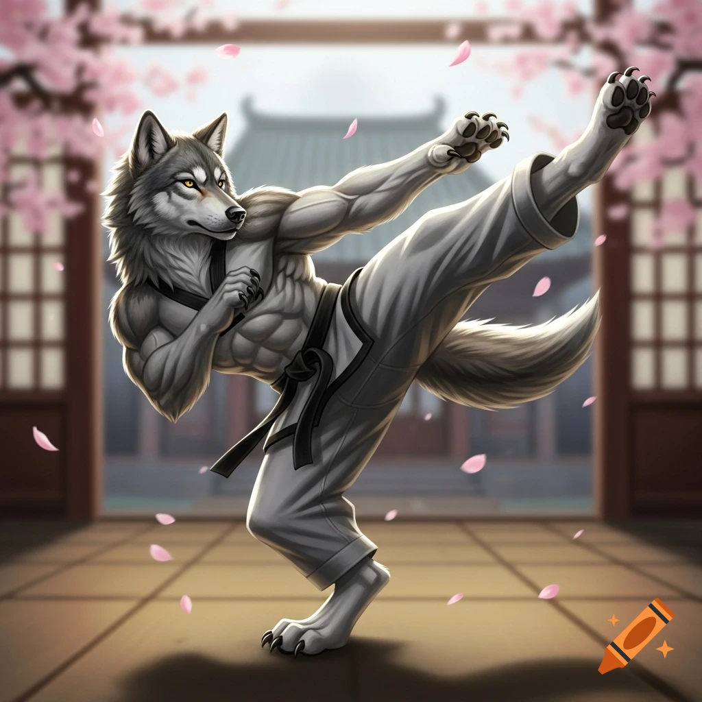A muscular anthropomorphic wolf in a white gi performs a martial arts kick amidst falling cherry blossoms and a traditional Japanese building.