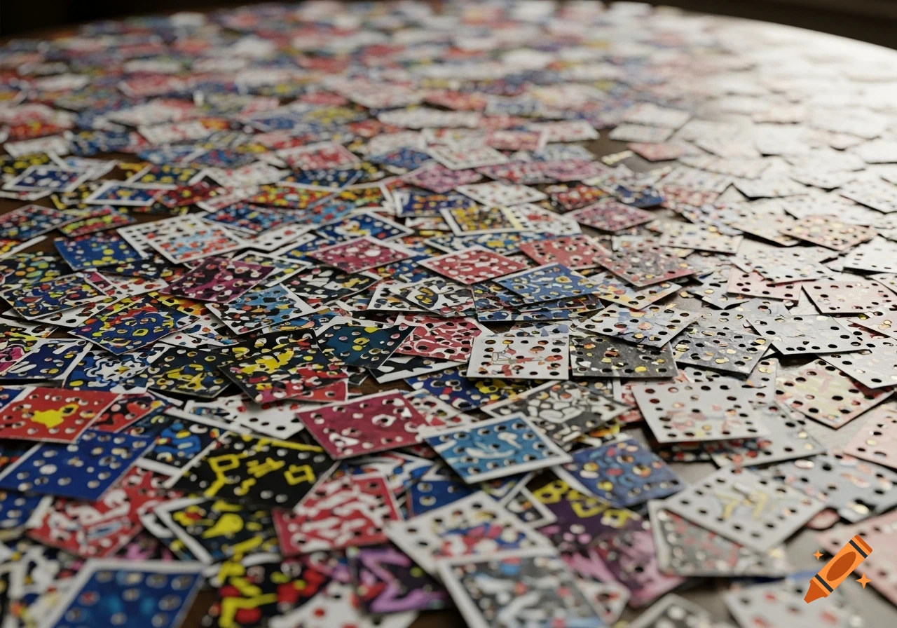 A photorealistic close-up of a tabletop covered in thousands of tiny, colorful, perforated paper squares, scattered like confetti.