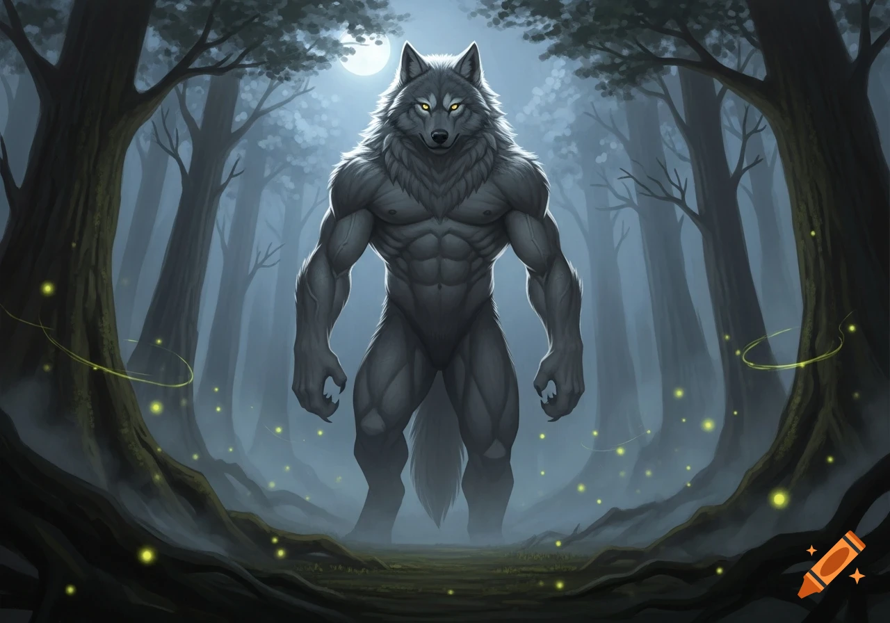 Muscular grey werewolf creature with glowing yellow eyes stands in a misty, dark forest under a full moon.
