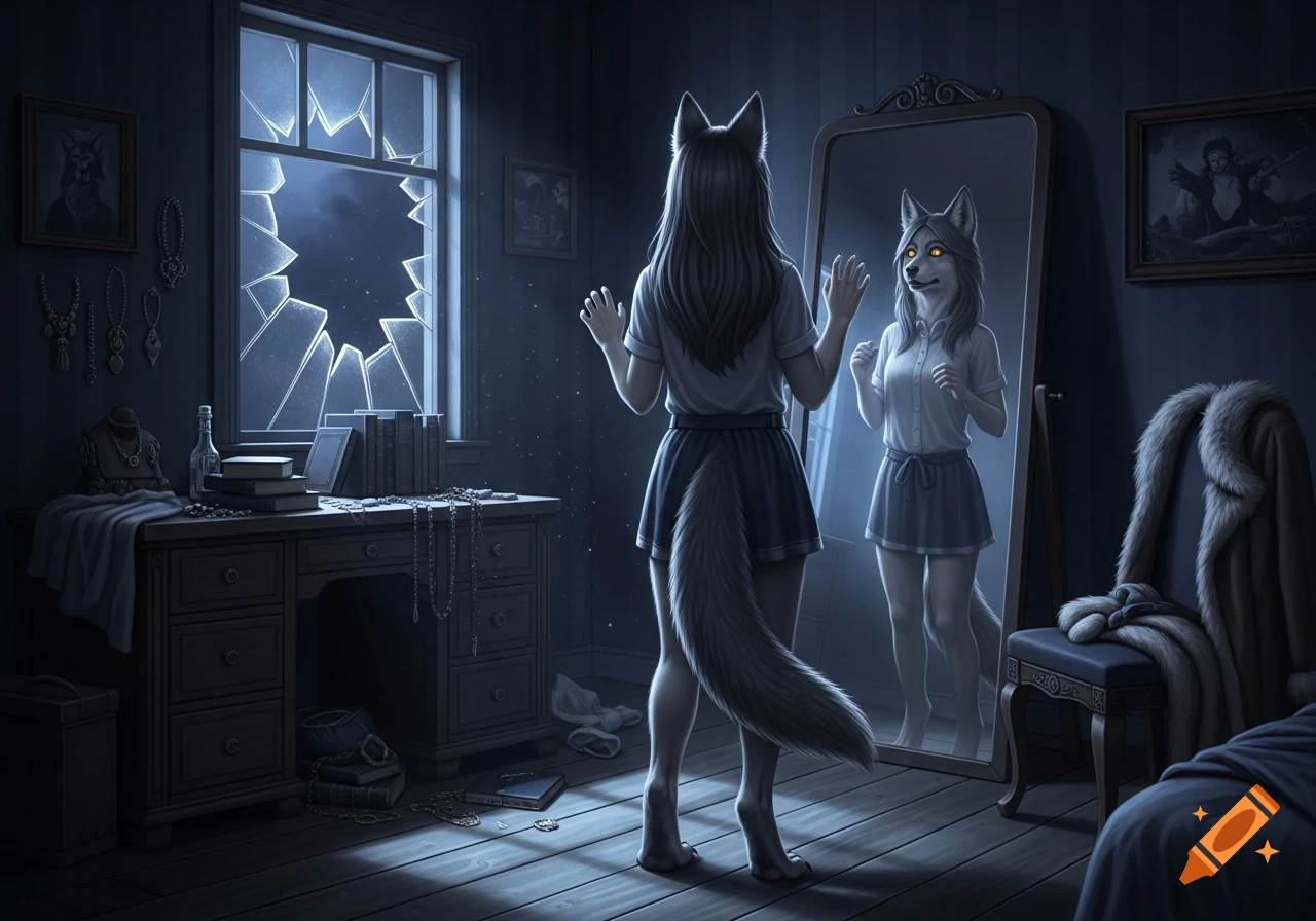 A werewolf girl with wolf ears, tail, and digitigrade legs stands with her back to the viewer, looking at her reflection in a mirror which shows her fully transformed wolf face with glowing yellow eyes. The scene takes place in a dark room at night with a broken window.