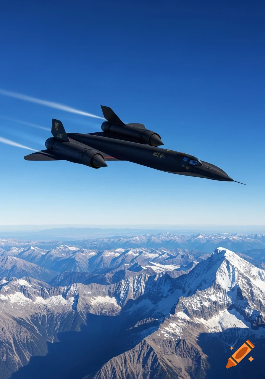 A black SR-71 Blackbird reconnaissance jet flies high in a clear blue sky above vast snow-capped mountains.