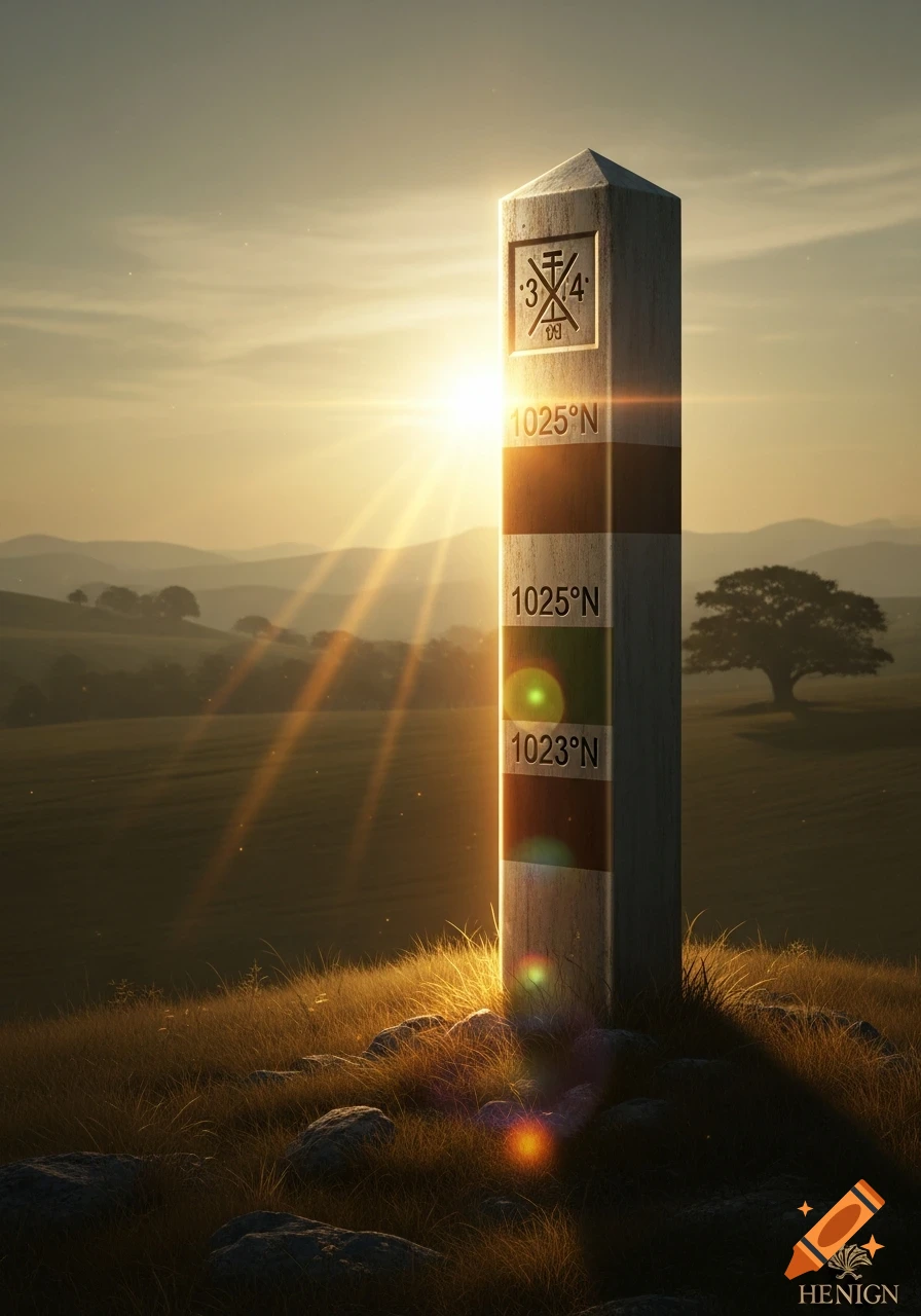 A weathered stone border marker with numerical inscriptions stands on a grassy hill at sunset, casting a glow.