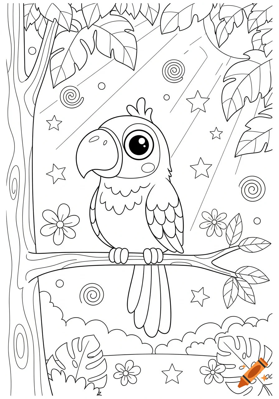 A cute cartoon parrot sits on a tree branch surrounded by large leaves and stars, drawn in black and white line art for a coloring book.
