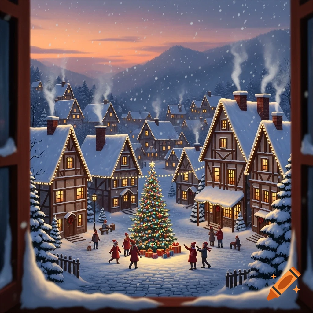 Festive snowy village at dusk, seen from a window. People gather around a brightly lit Christmas tree in the town square.