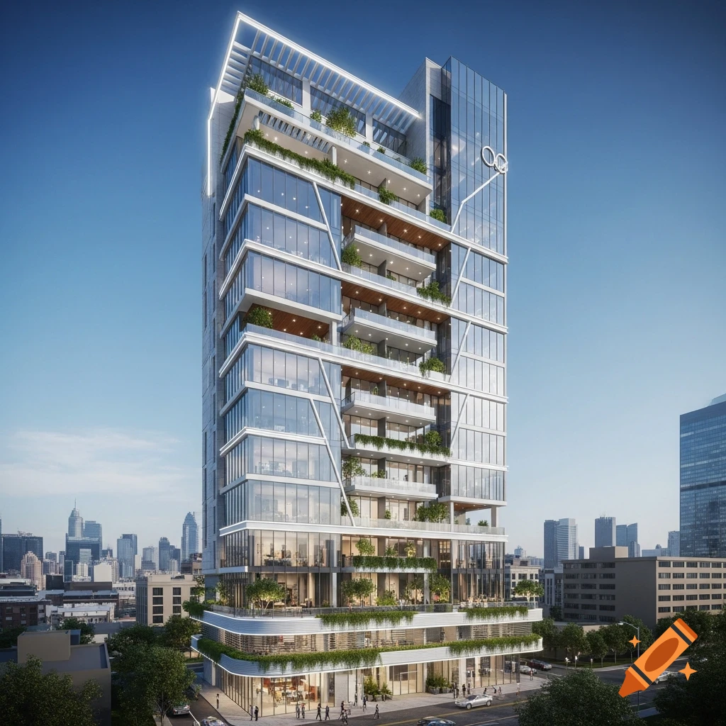 Photorealistic modern glass skyscraper with balconies and greenery, towering over a city street and skyline.