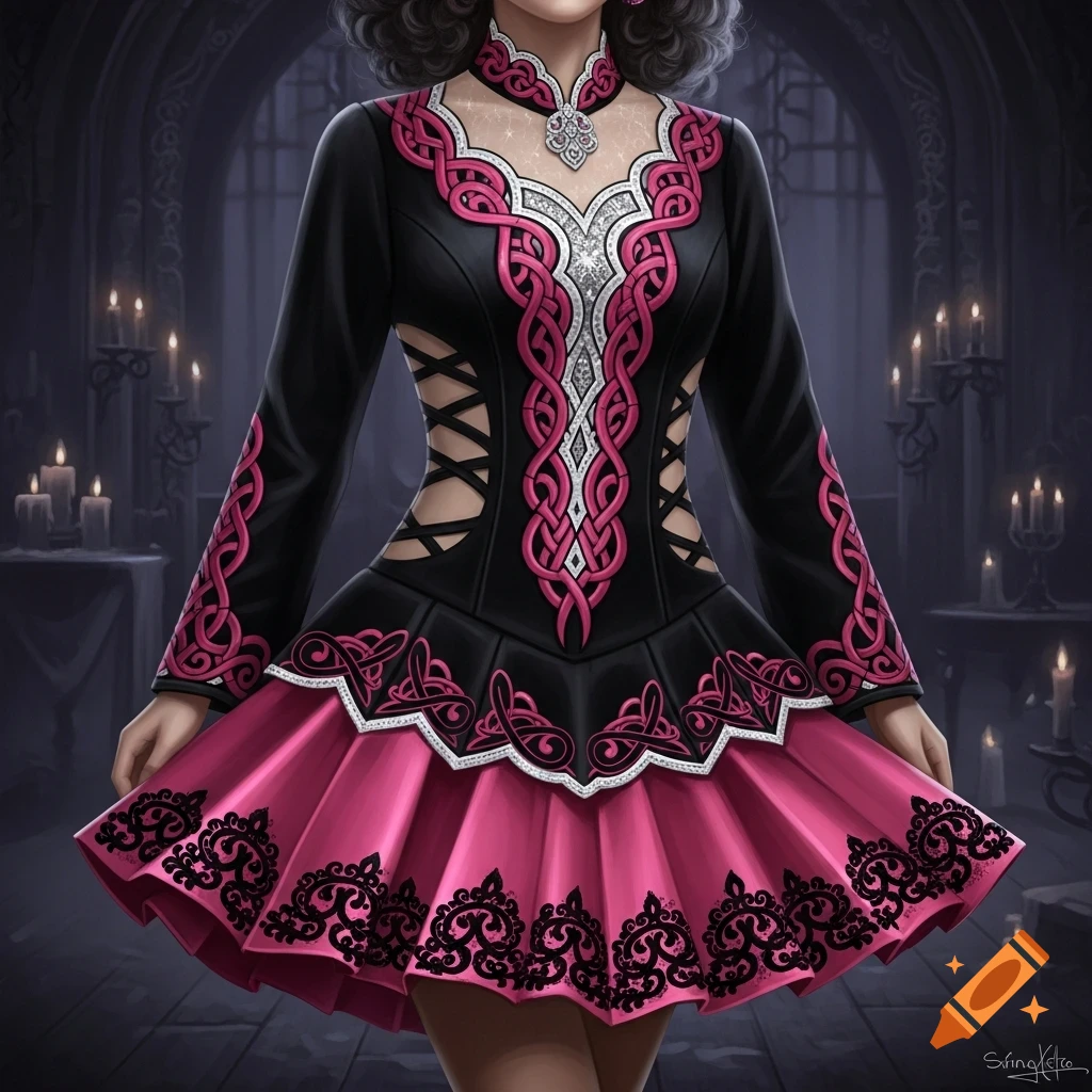 A black and pink Irish dance dress with intricate Celtic knot patterns, lace-up details, and a pleated skirt in a dark, candlelit hall.