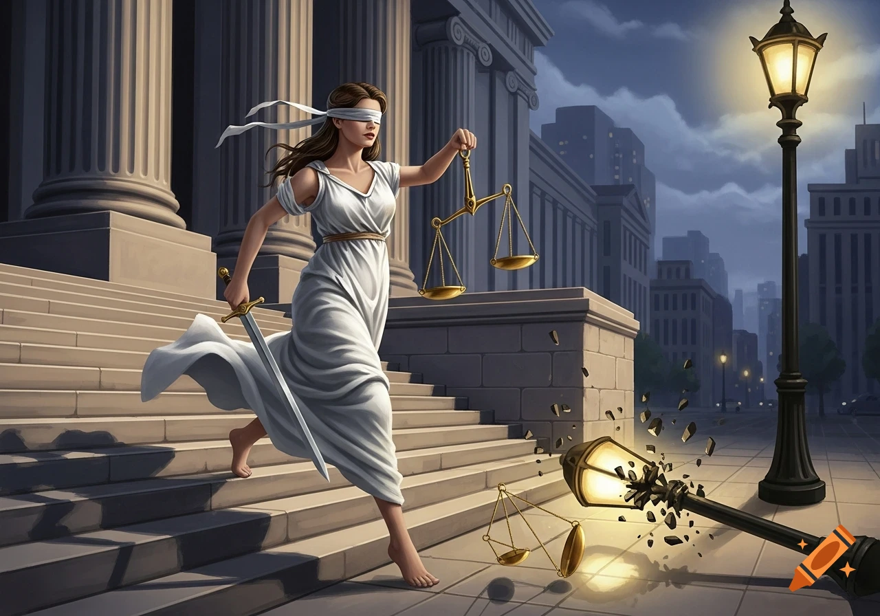 Blindfolded Lady Justice runs down steps with a sword and scales, a broken street light on a dark city street, digital illustration.