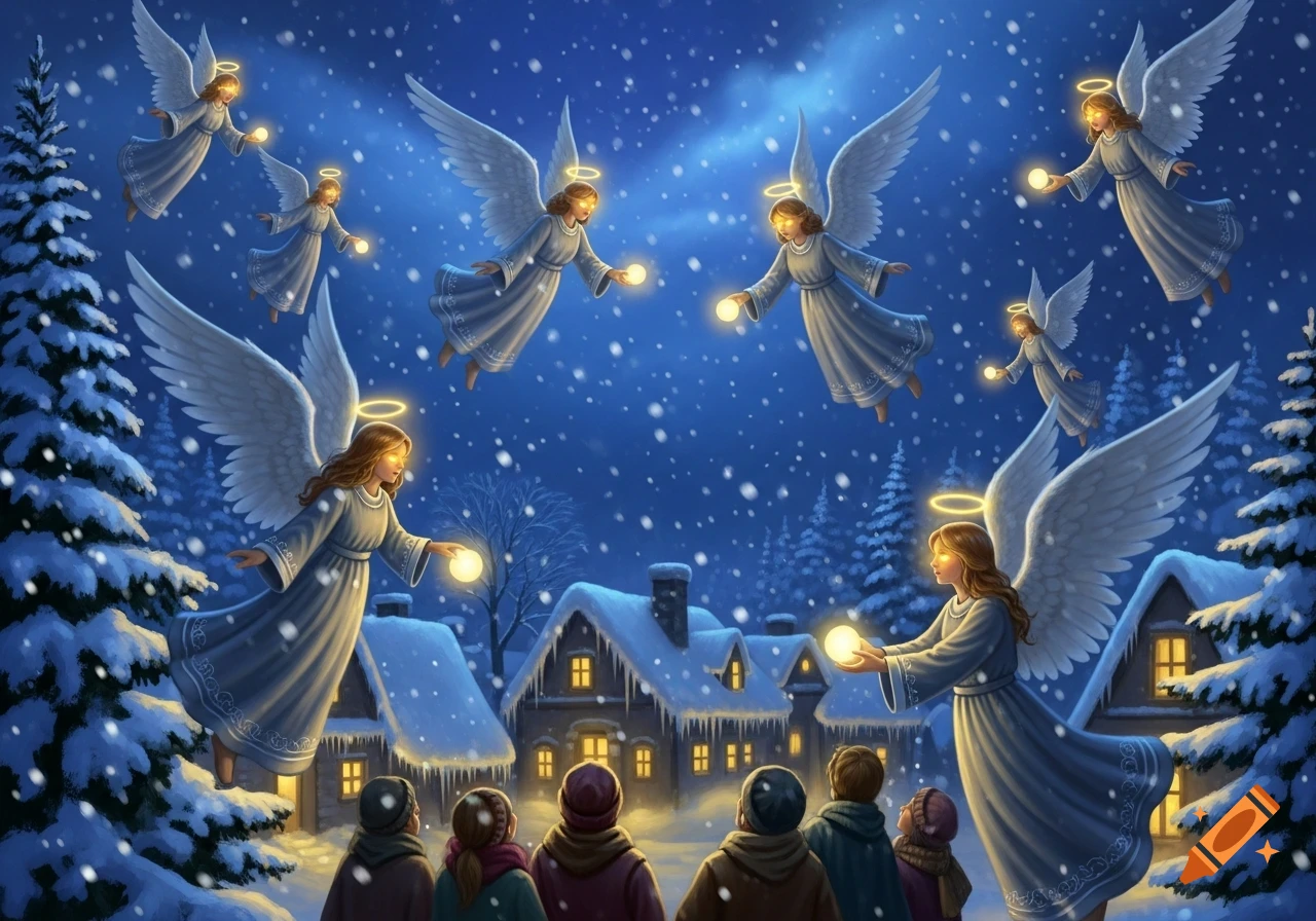 Numerous glowing angels with halos descend over a snowy village at night, while people on the ground look up in awe.