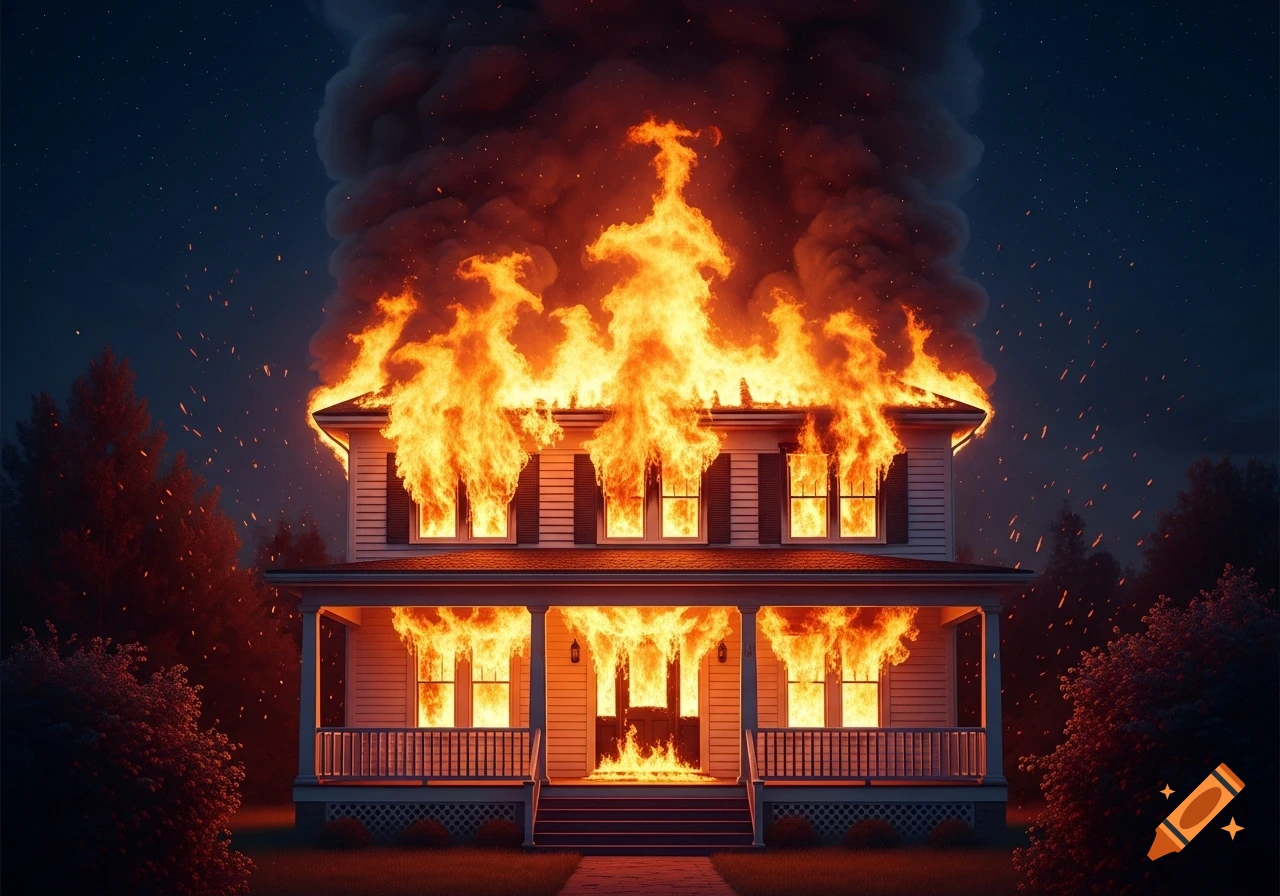 A two-story white house engulfed in bright orange flames and thick dark smoke against a starry night sky.