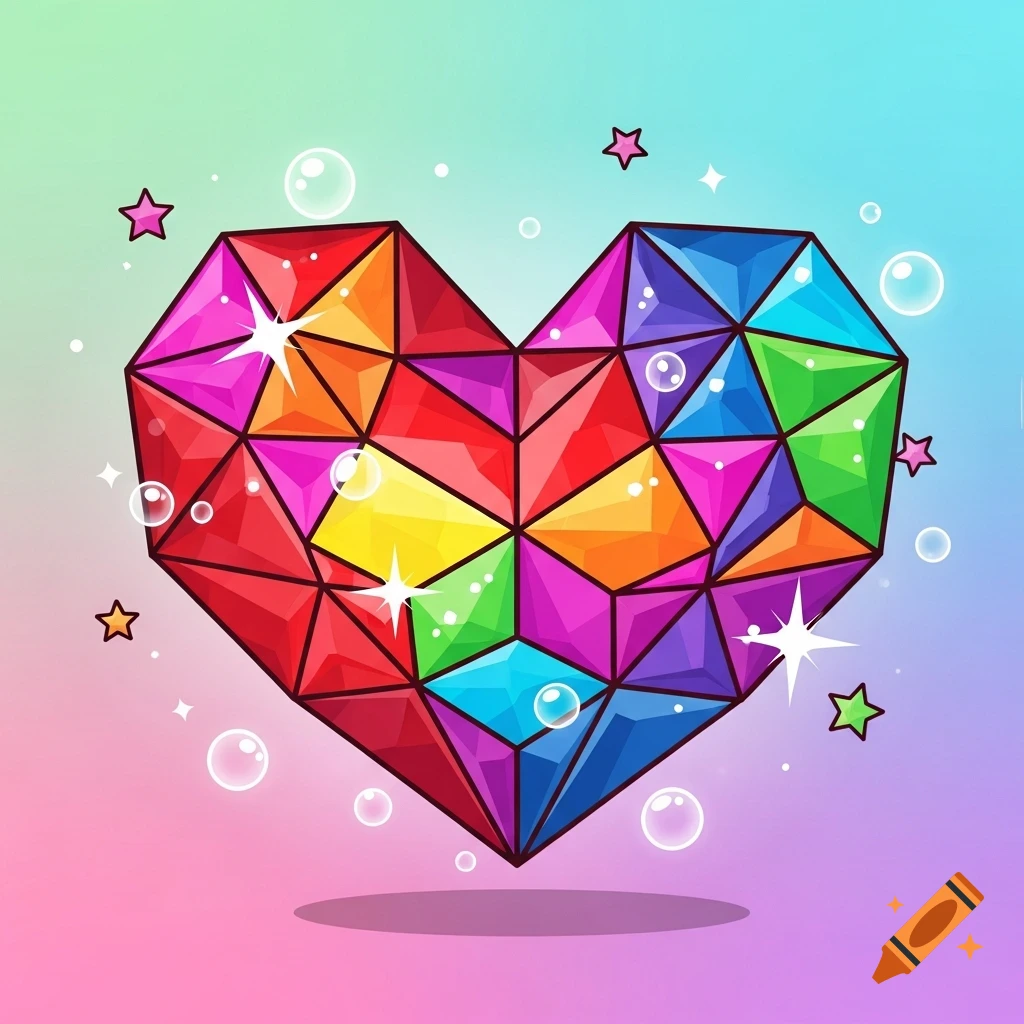 Vibrant geometric heart with rainbow colors, sparkles, and bubbles on a pastel gradient background in cartoon style.