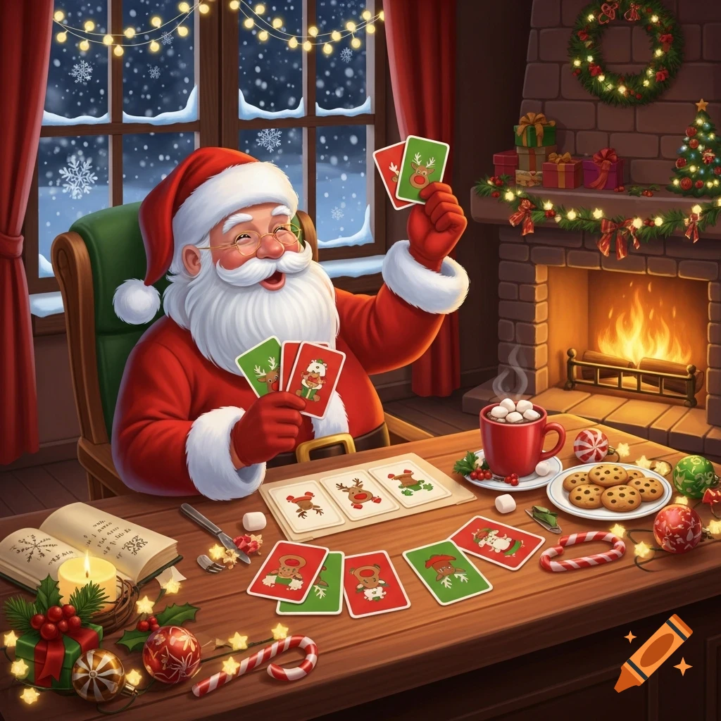 A cheerful Santa Claus plays a card game with reindeer cards at a festive wooden table, surrounded by Christmas decorations, a cozy fireplace, and a snowy window.