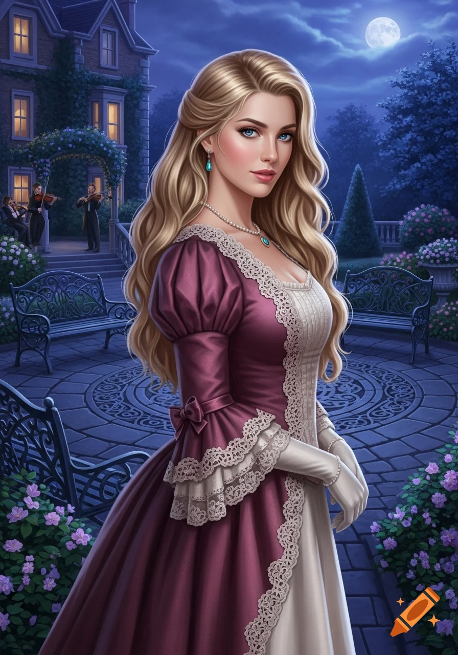 An elegant blonde woman in a purple and white historical gown stands in a moonlit garden with a mansion and musicians in the background.