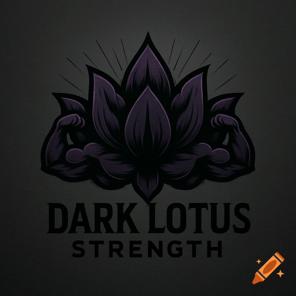 A stylized dark purple lotus flower logo with muscular flexing arms on each side, and "DARK LOTUS STRENGTH" text below, on a dark gray background.