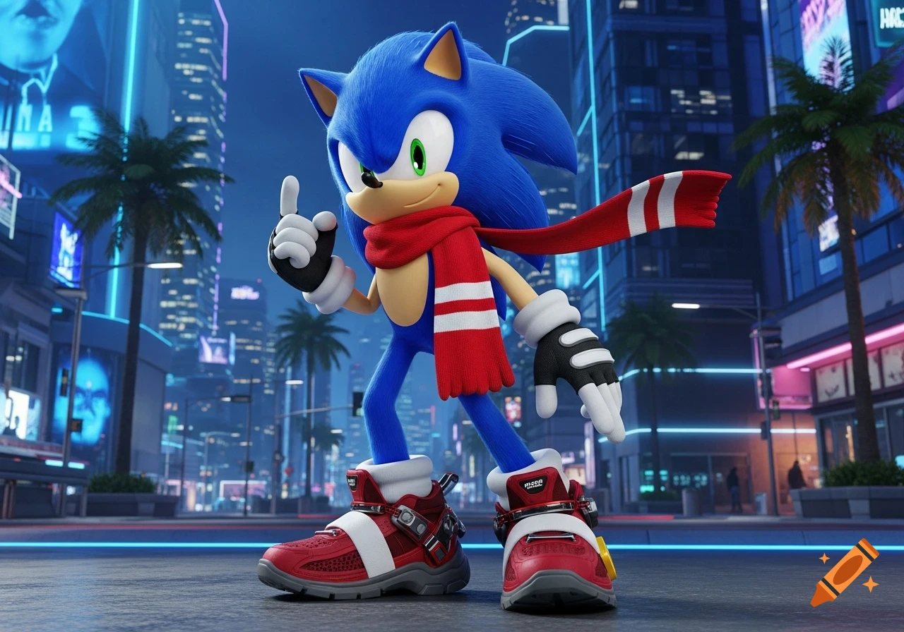 Sonic the Hedgehog in a red scarf and detailed red shoes gives a thumbs up in a neon-lit city at night.