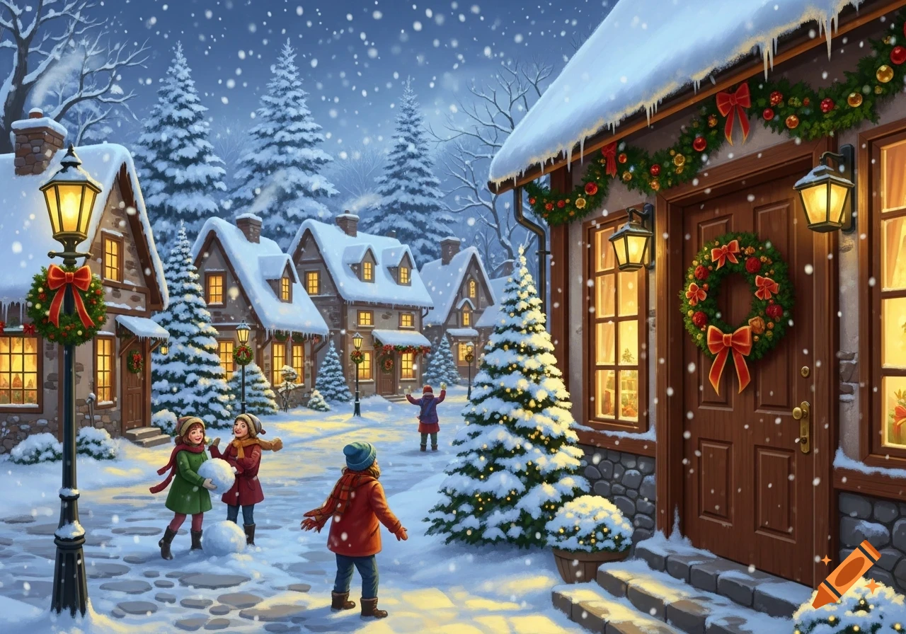 A festive, snowy Christmas village scene with children playing, decorated houses, and illuminated streetlights.
